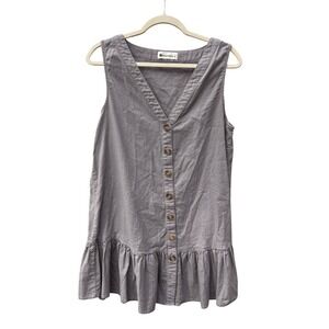 Gray Linen Cotton‎ Button Down Dress Cruise Beach Feminine Boho LightweightS